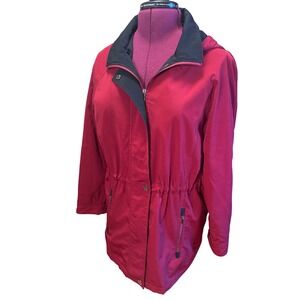 Nautica Women's Red Hooded Anorak Rain Jacket with Black Trim Drawstring Waist M